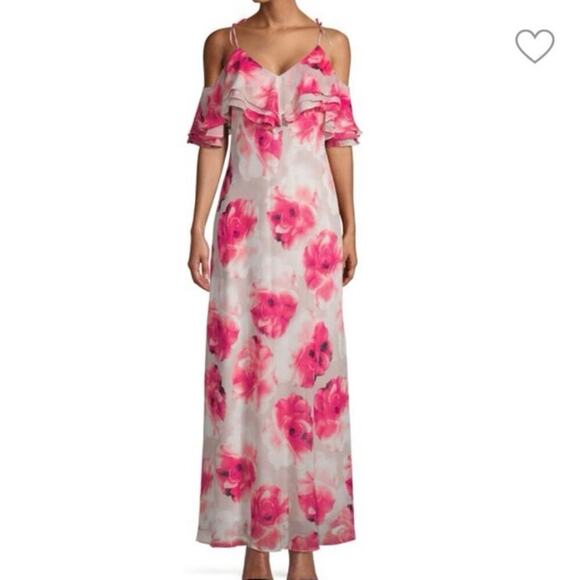 Women’s Calvin Klein Gray Pink Floral Cold Shoulder Maxi Dress Size 10 - Picture 1 of 6